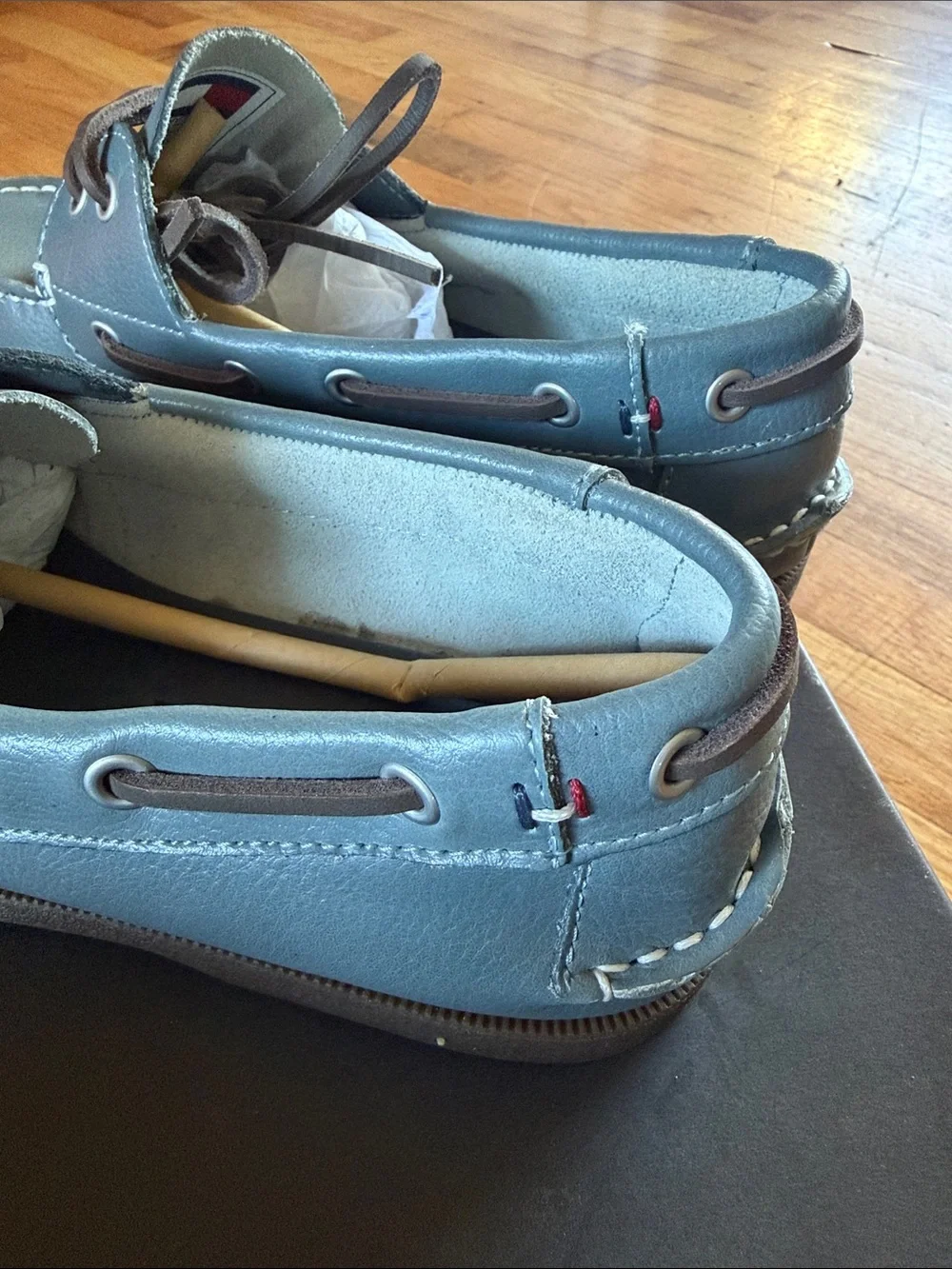 Tommy Hilfiger Men's Slate Blue Leather Boat Shoes with Brown Laces